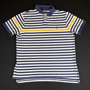 VTG Y2K Polo Shirt Mens Blue Yellow‎ Striped Short Sleeve Casual Sm